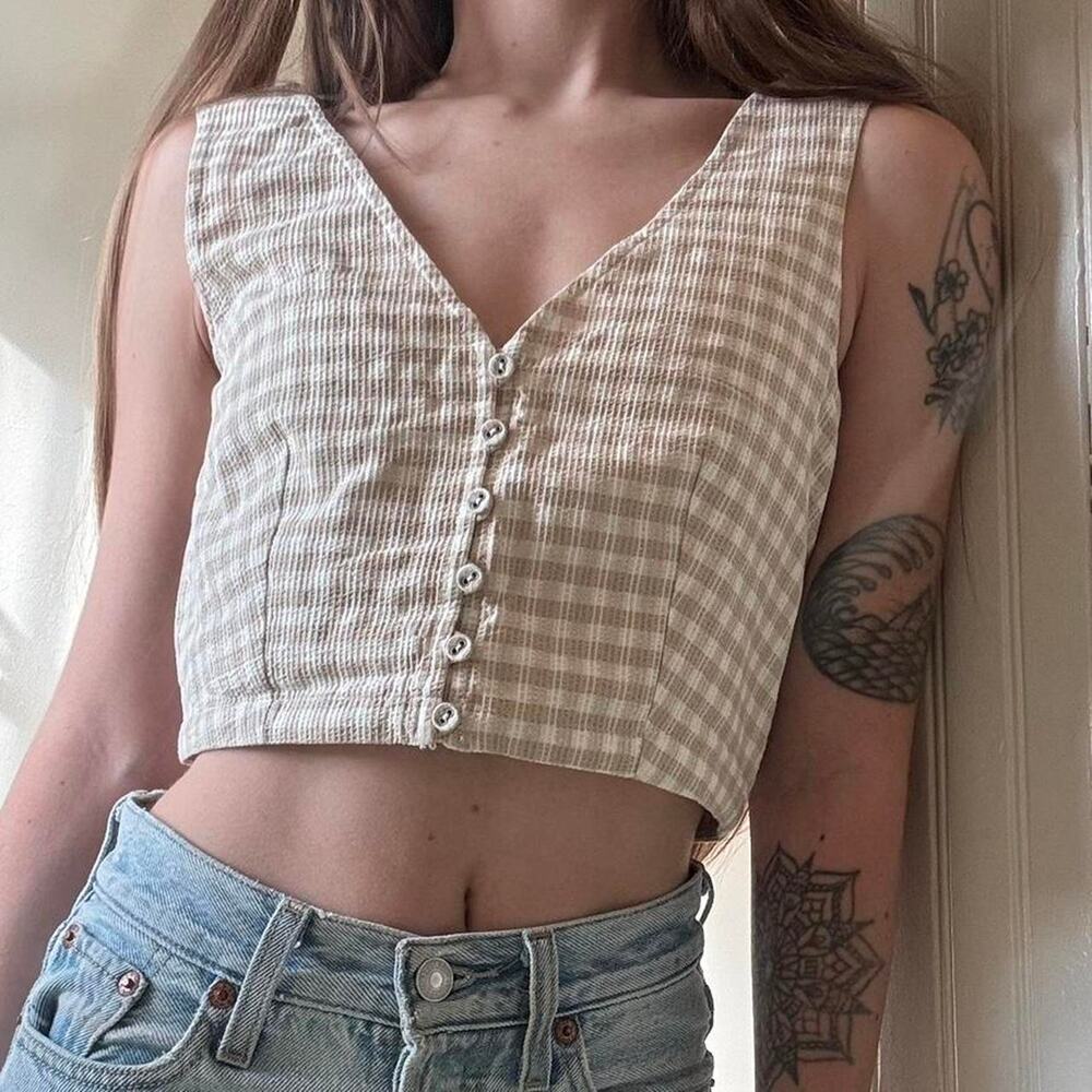 NWT Madewell Gingham Button Vest Corset Style Crop Top 00